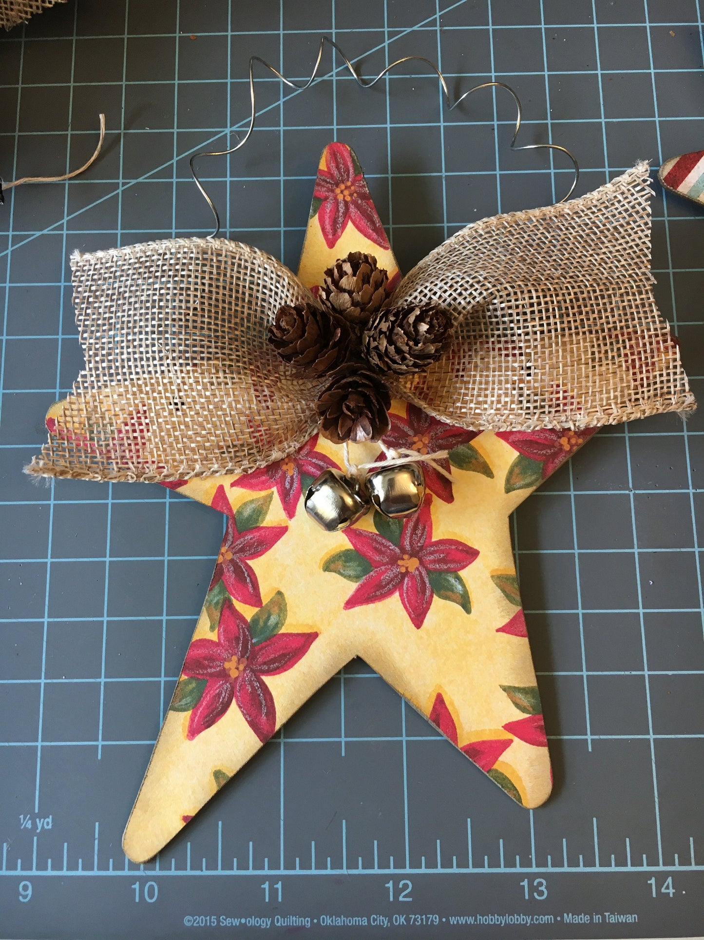 Handmade Chipboard Star Ornament with Pine Cones and Bells