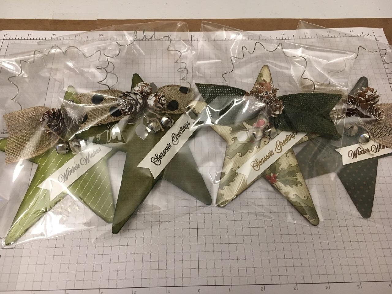 Handmade Chipboard Star Ornament with Pine Cones and Bells