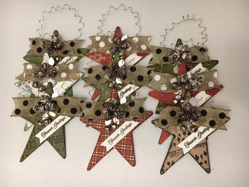Handmade Chipboard Star Ornament with Pine Cones and Bells